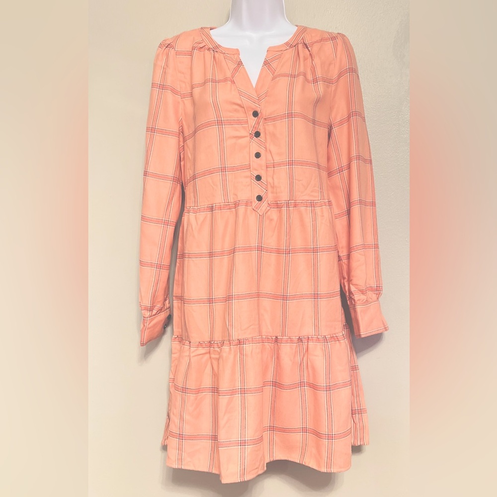 LOFT New with tags, long sleeve, plaid print, orange dress, size small